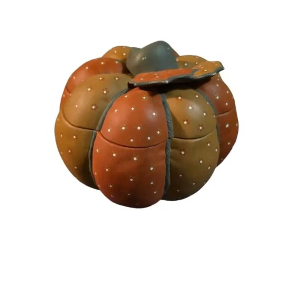 Vintage 1985 Pumpkin Trinket Jar w/ Lid Orange Tan Polka Dot Fall Decor